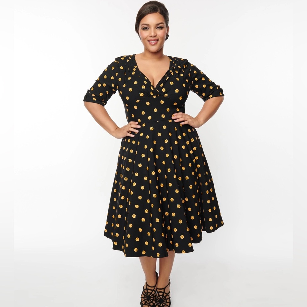 Unique Vintage Pumpkin Print Halloween Delores Pinup Goth Dress